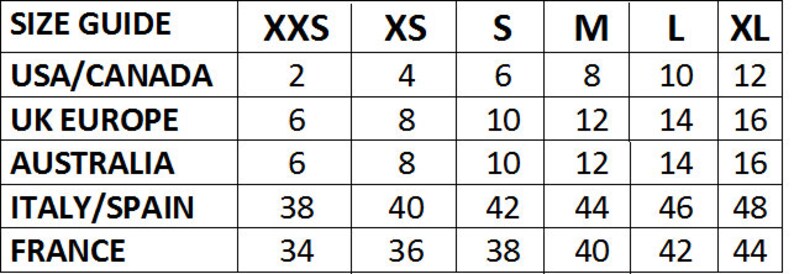 May include: Size guide chart for clothing with measurements in US/Canada, UK Europe, Australia, Italy/Spain, and France.