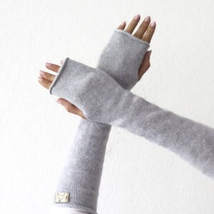 Grey Cashmere Arm Warmers, Cashmere Fingerless Gloves, Long Womans Fingerless Gloves, Wrist Warmers, Cashmere wrist warmers, Wool Gloves image 3