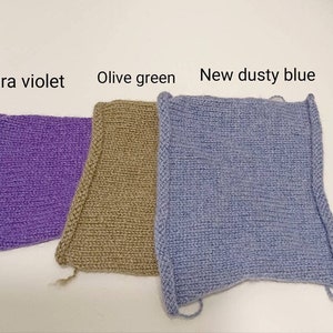 May include: Three knitted fabric swatches in ultra violet, olive green, and new dusty blue.