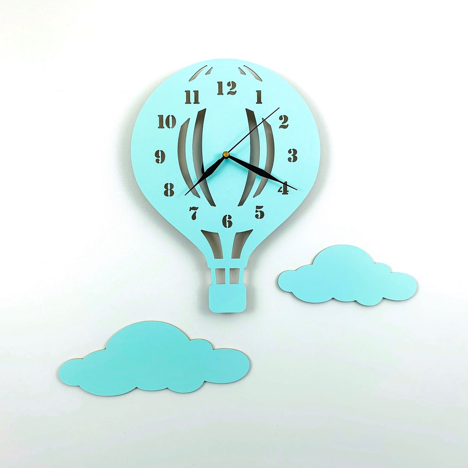 Baby Wall Clock BALLOON Wood Babyclock Handmade Mint Clouds Etsy