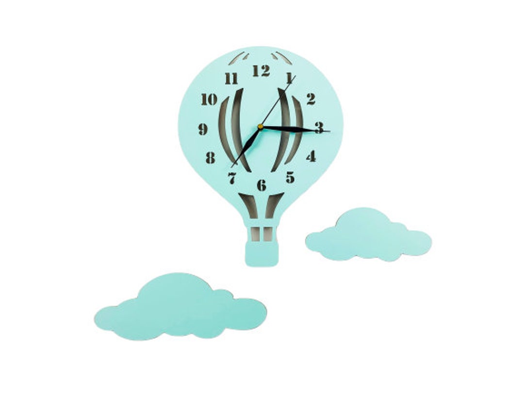 Baby Wall Clock BALLOON Wood Babyclock Handmade Mint Clouds Etsy