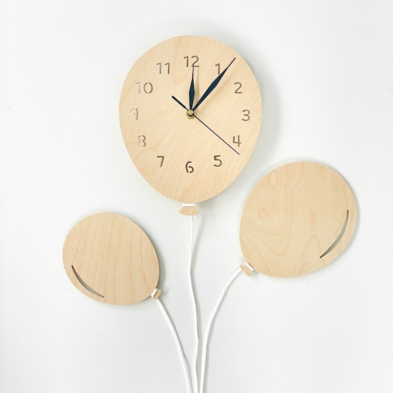 Baby Wall Clock BALLOON Wood Babyclock Handmade Gray Clouds Etsy