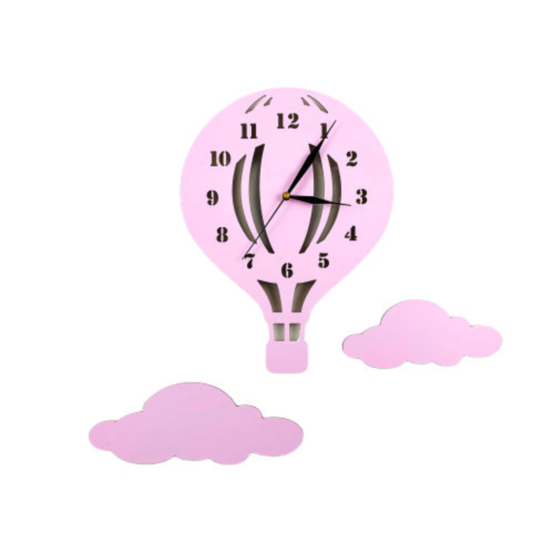 Baby Wall Clock BALLOON Wood Babyclock Handmade Pink Clouds Etsy