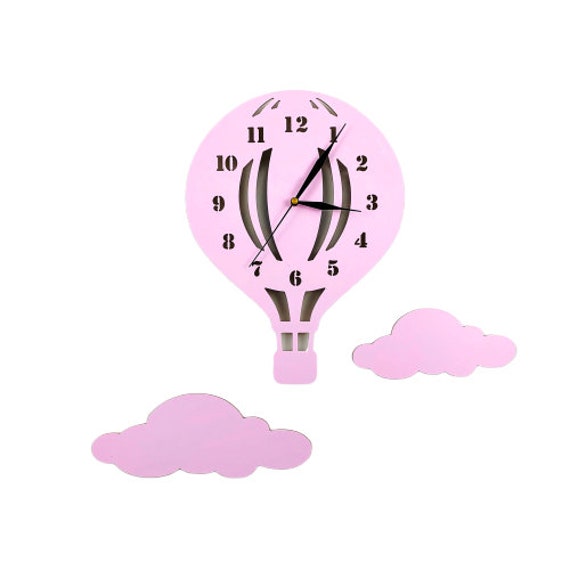 Baby Wall Clock BALLOON wood Babyclock handmade pink clouds Etsy