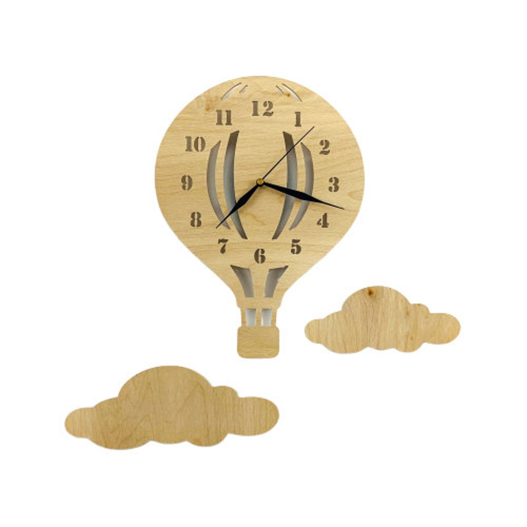 Baby Wall Clock BALLOON Wood Babyclock Handmade Natural Clouds Etsy