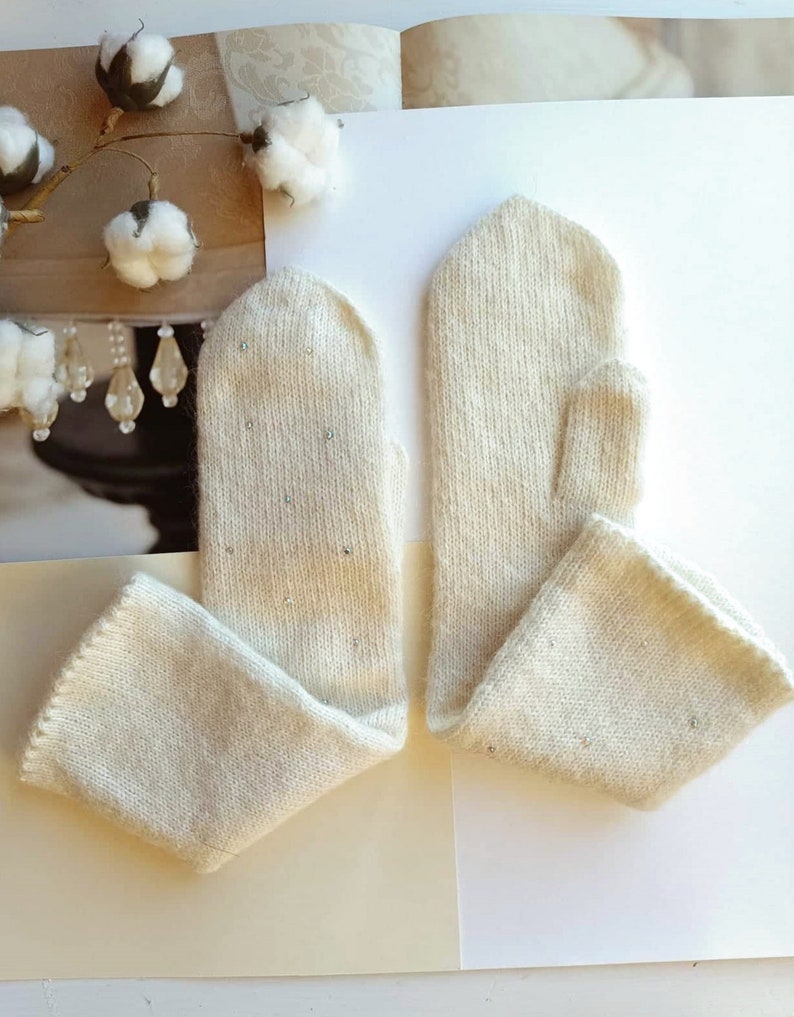 Gloves For Winter Wedding White Ivory Mittens, glass crystals, luxury mittens, warm long gloves image 2