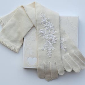 Luxury Christmas gift, Winter, Milk white,Merino/Cashmere wool gloves with pearls and lace, Embroidered Gloves,luxury wedding. image 4