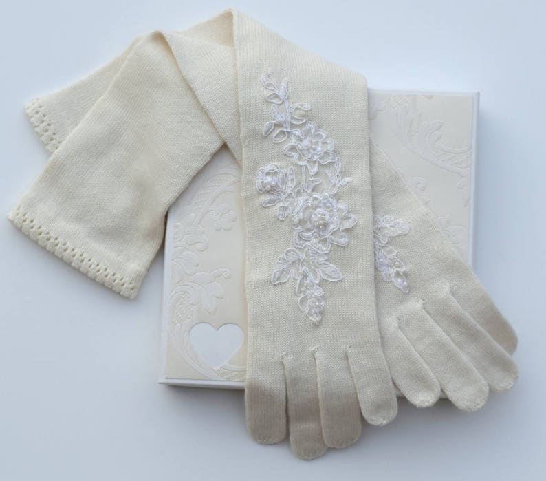 Luxury Christmas gift, Winter, Milk white,Merino/Cashmere wool gloves with pearls and lace, Embroidered Gloves,luxury wedding. image 4