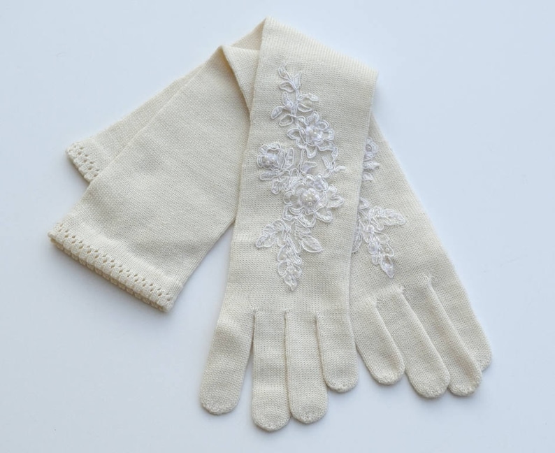 Luxury Christmas gift, Winter, Milk white,Merino/Cashmere wool gloves with pearls and lace, Embroidered Gloves,luxury wedding. image 2