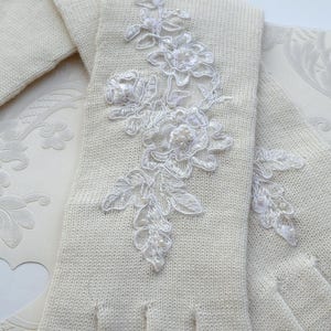 Luxury Christmas gift, Winter, Milk white,Merino/Cashmere wool gloves with pearls and lace, Embroidered Gloves,luxury wedding. image 3