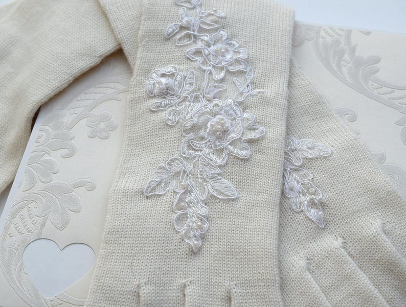 Luxury Christmas gift, Winter, Milk white,Merino/Cashmere wool gloves with pearls and lace, Embroidered Gloves,luxury wedding. image 3