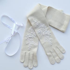 Luxury Christmas gift, Winter, Milk white,Merino/Cashmere wool gloves with pearls and lace, Embroidered Gloves,luxury wedding. image 1