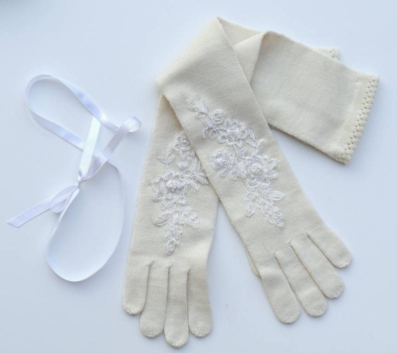 Luxury Christmas gift, Winter, Milk white,Merino/Cashmere wool gloves with pearls and lace, Embroidered Gloves,luxury wedding. image 1