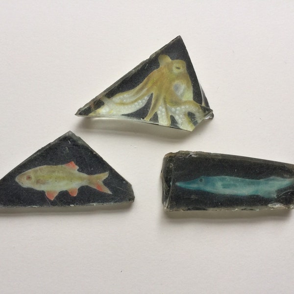 Set of 3 small paintings, archeological finds, glass art, paper weight, wall decor, illustration, miniature art