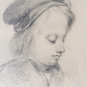 Antique original pencil drawing of a young boy,  graphite drawing, signed, 1800s