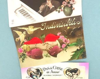 Hermoso juego de postales vintage, década de 1940, postal vintage, postal romántica, tarjeta de San Valentín, postal vintage de boda
