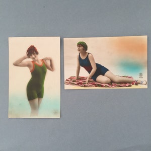 Beautiful French postcards,  set if French vintage postcards, 1940s, bathing suit