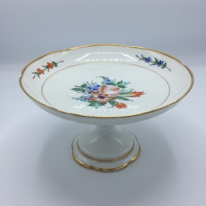 Antique hand painted cake stand, pedestral footed cake plate, botanical print, fruit bowl, compote