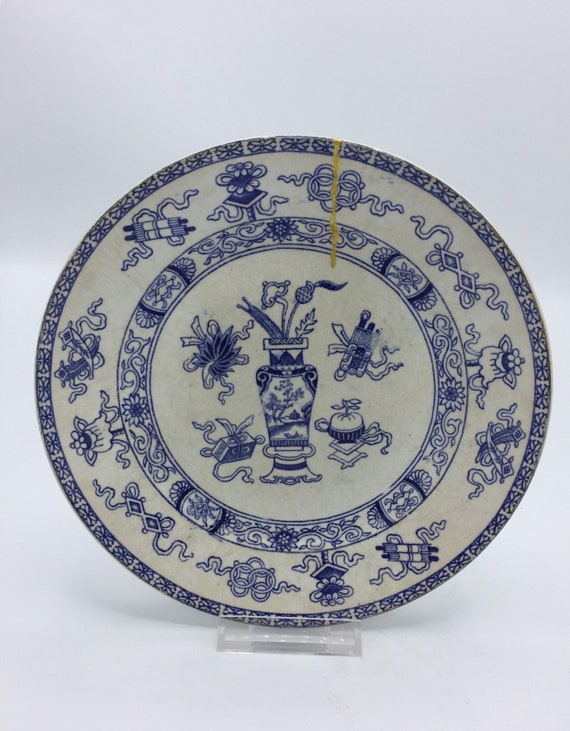 Antique KINTSUGI repaired plate, Societe Ceramique Maestricht, Potiche, early 1900s, kintsukuroi, blue and white ceramics, wabi sabi