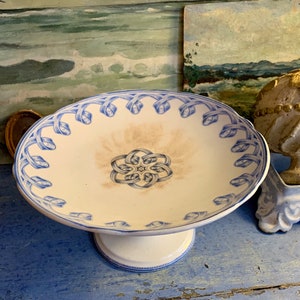 Antique 1860 British cake stand, transfer ware, Victorian serving platter, fruit bowl, high footed cake stand, blue and white