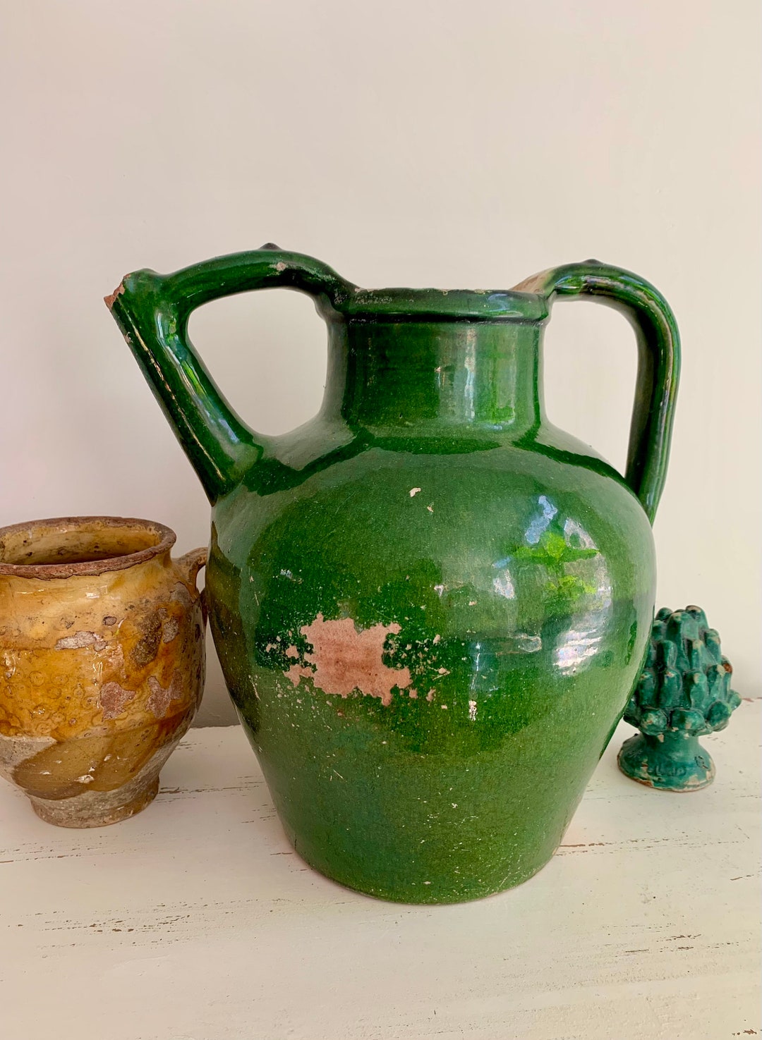 Large 1800s French Green Glazed Terracotta Wine Jug / Water Etsy