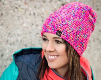 women hat in neon pink, colorful crochet beanie, ski or snowboard hat, gift for hiker, multicolored vegan clothing
