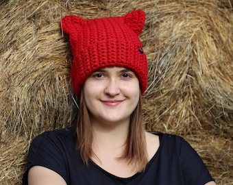 red hat with cat ears, vegan clothing for cat lover, hiking hat with brim, winter hat woman, chunky knit cap, gift for teenage girl