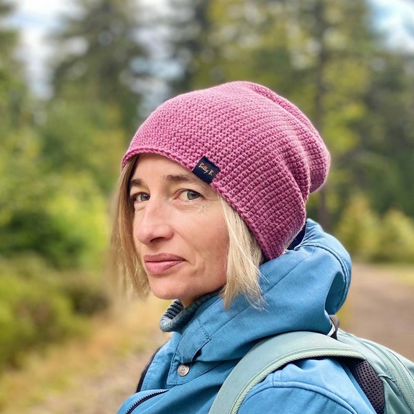 thin hat in dirty pink, merino wool handmade gift, cuff or slouchy beanie for hiking, spring hat, unisex hat large size