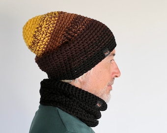 winter beanie hat for men or women, merino wool dark beanie for large head, men’s gifts, crochet handmade hat, black brown yellow