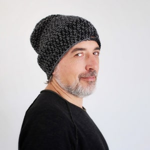 Mens wool hat, black and gray thick beanie, warm hat for winter, Christmas gift for husband, hat for large head image 1