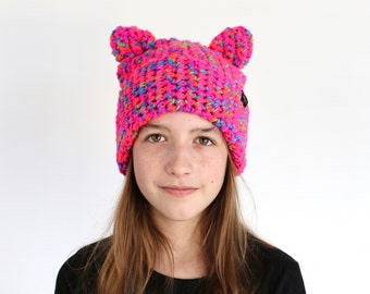 hat with animal ears in neon pink, colorful winter hat for women or girls, gift for cat lover, for hiking or skiing