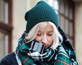 thick winter hat in dark green, crochet beanie for hiker or skier, merino wool handmade hat, Christmas gift for man or woman