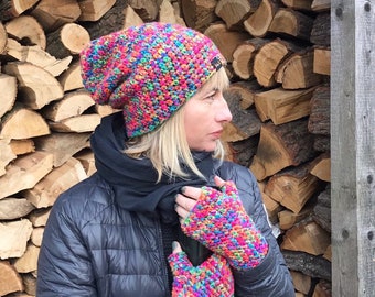 Hand Knit Colorful Adult Fit Soft Slouchy Roll-Up Hem Hippie Boho Beanie Hat New Pistil Designs | Halle Slouchy Beanie main image 4
