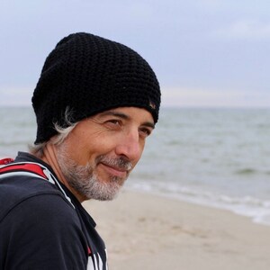mens black beanie from merino wool, winter hat for men or women, handmade crochet woolen ski hat, gift for skier or snowboarder