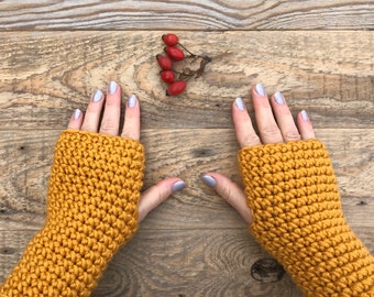 Gelbe fingerlose Handschuhe Damen, dicke gehäkelte Handschuhe, vegane Handschuhe, Geschenk für Buchliebhaber