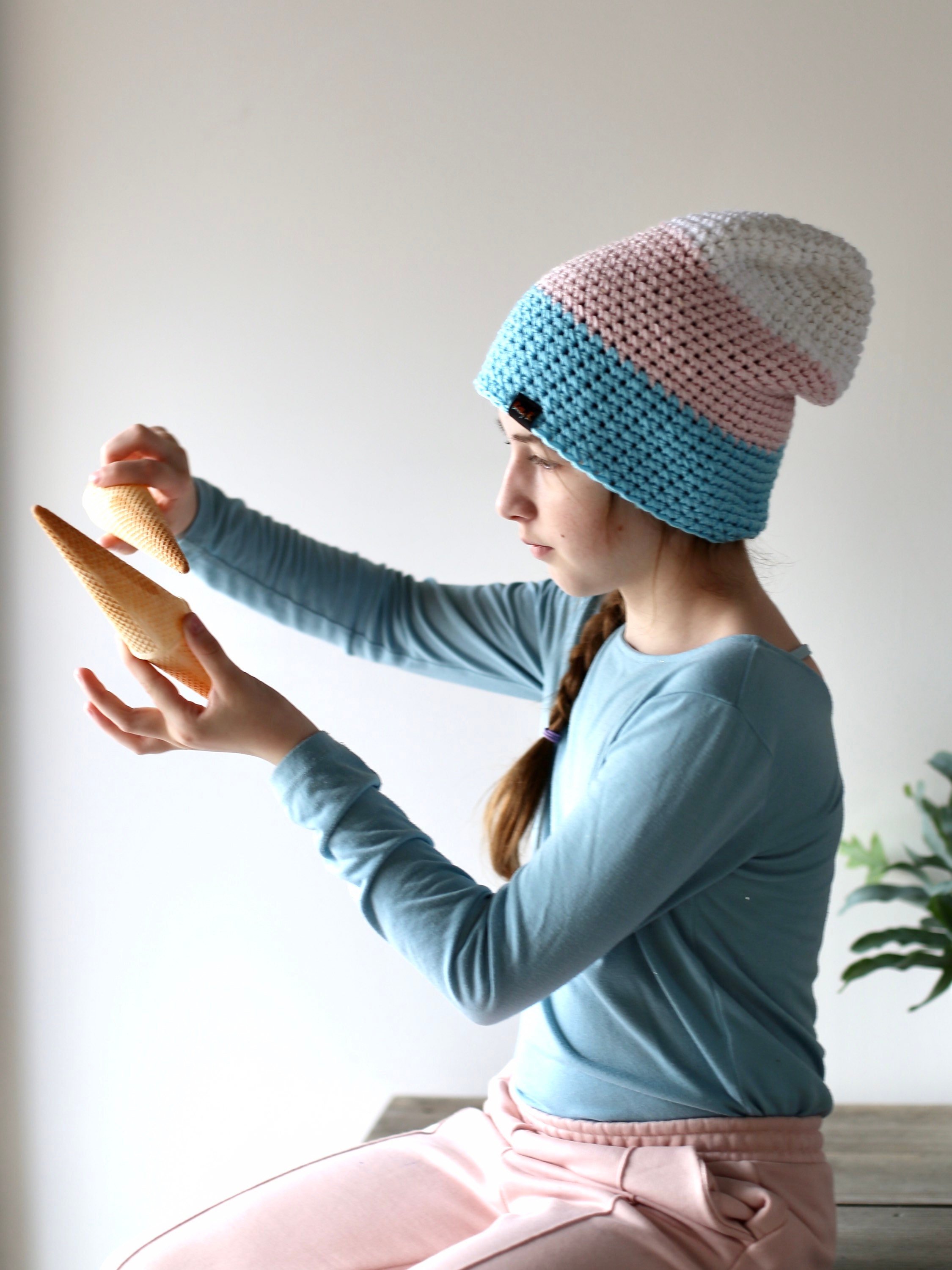 Pastel Beanie Hat, Crochet Tricolor Beanie for Women or Men