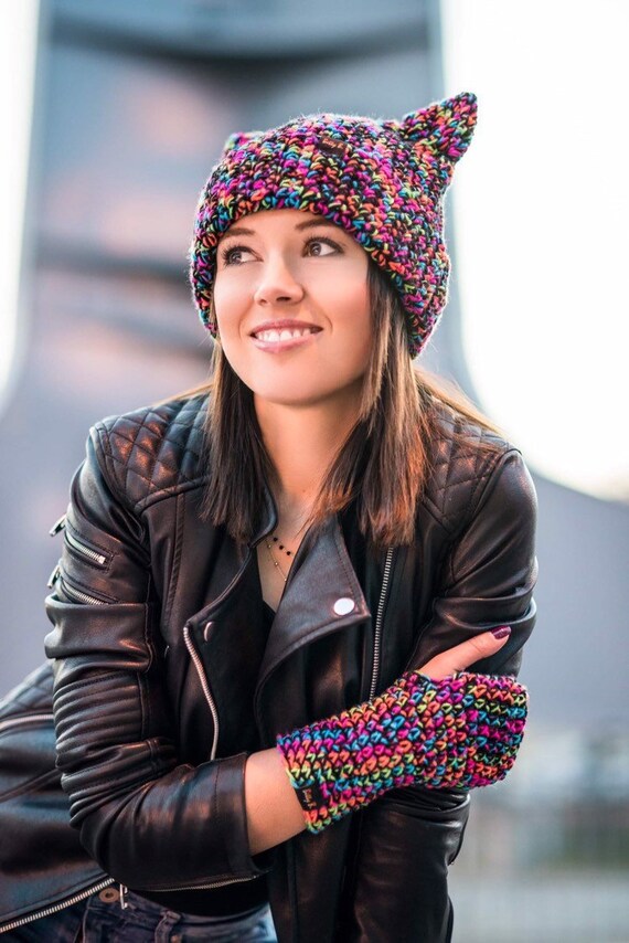 Ladies Black Beanie Hat with Cool Cat Ears Design 