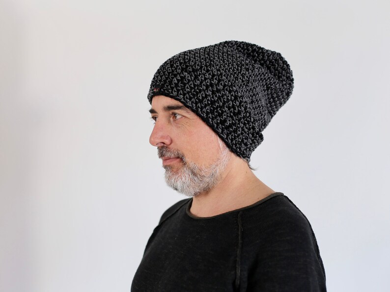 Mens wool hat, black and gray thick beanie, warm hat for winter, Christmas gift for husband, hat for large head image 3