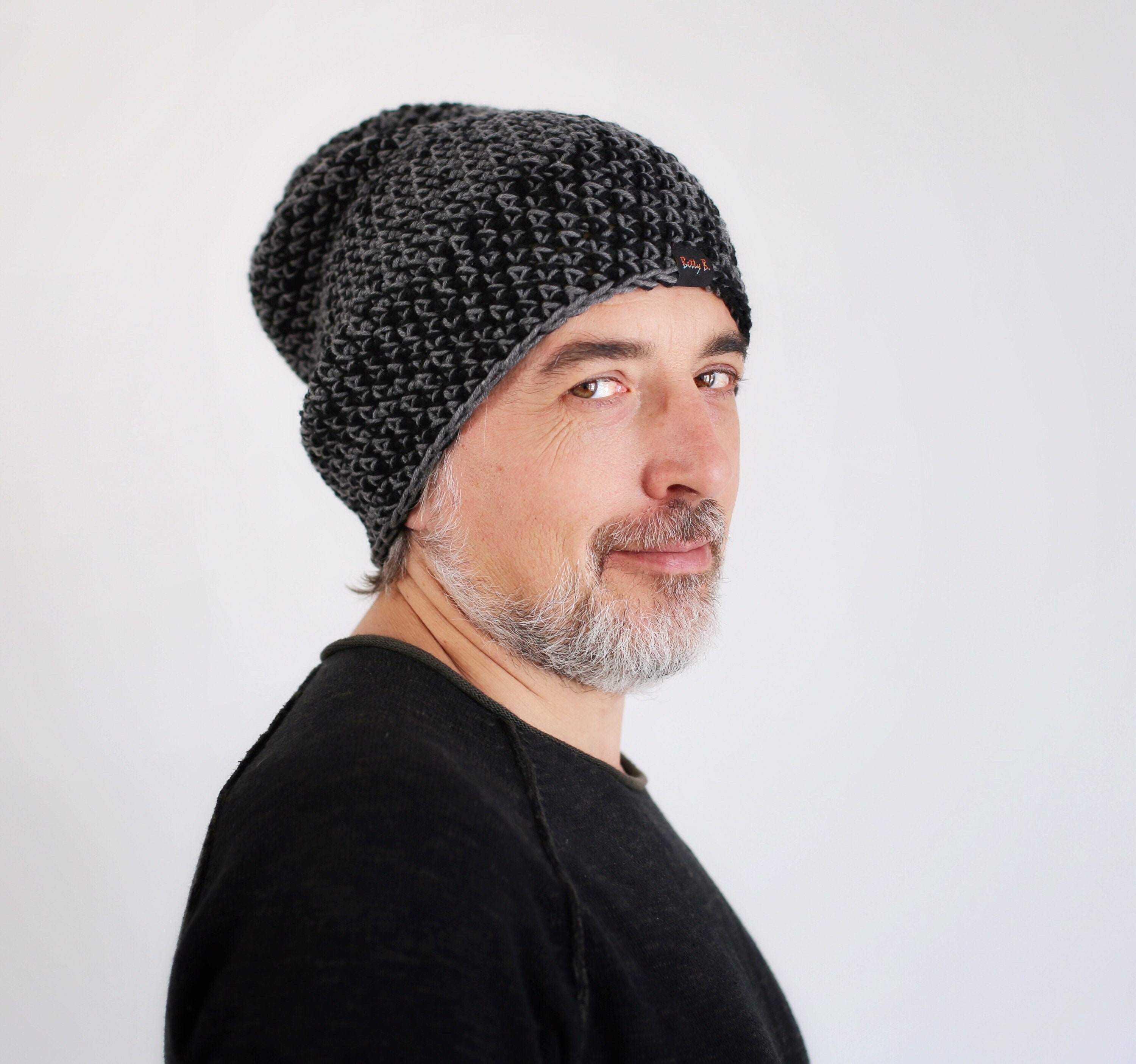 Mens Beanie Merino Wool Gray and Black 