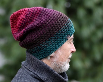 Wool beanie hat for men or women, merino dark beanie for large head, men’s gifts, chunky crochet handmade hat, winter accessories