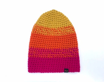 Colorful winter hat merino 100%, handmade wool beanie for ski or snowboard, crochet hat in yellow orange and pink