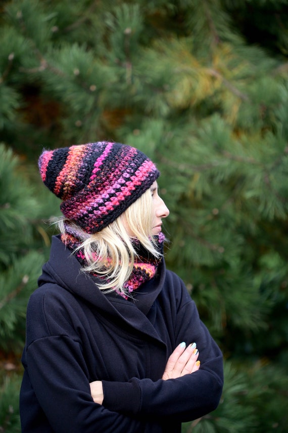 Ensemble bonnet et écharpe noir femme