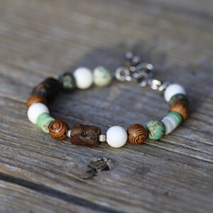 adjustable bead bracelet with shell, sandalwood and chrysoprase, boho jewelry for women or men, gift for plant lover