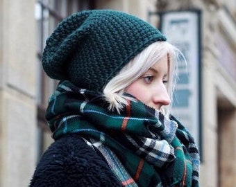 thick winter hat in dark green, crochet beanie for hiker or skier, merino wool handmade hat, Christmas gift for man or woman