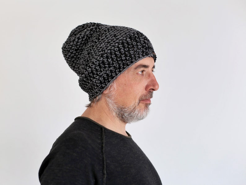 Mens wool hat, black and gray thick beanie, warm hat for winter, Christmas gift for husband, hat for large head image 2