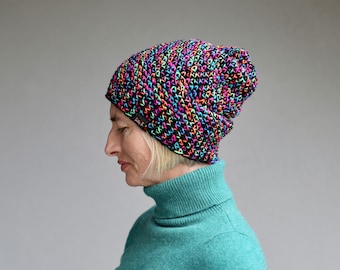 手編みウール帽子 マルチカラー マルチカラーのレインボーウール混紡かぎ針編み冬用帽子 - Etsy 日本