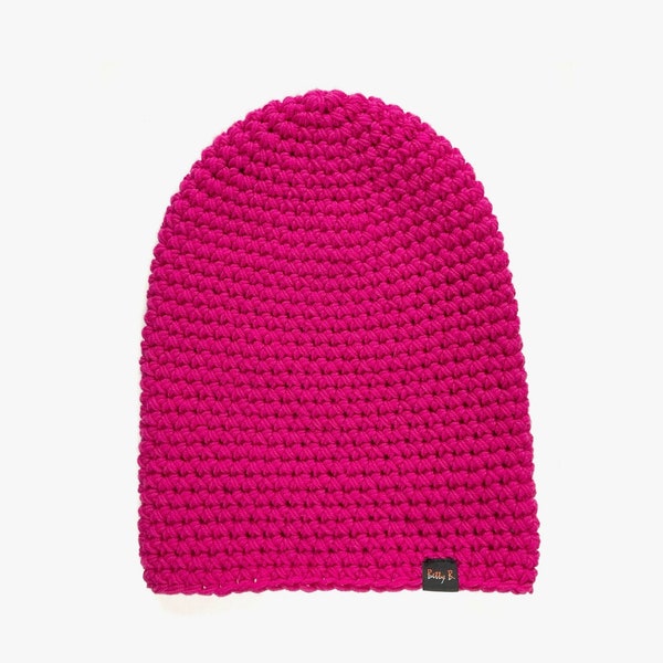 chapeau bonnet slouchy femme en fuchsia, laine mérinos chunky chapeau crochet fait à la main en rose chaud, accessoires de snowboard ou de randonnée de ski, cadeau de Noël