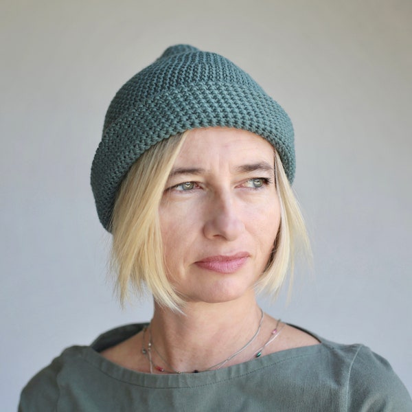 thin hat in muted green, merino wool handmade gift, cuff or slouchy beanie for hiking, spring hat, unisex hat large size