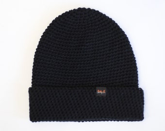 black beanie hat men or women, crochet thin simple beanie with cuff, spring or fall acrylic hat, long brim vegan beanie unisex adult
