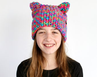 cat ears beanie hat colorful, women multicolor winter hat, funny gift for cat lover, girlfriend gift